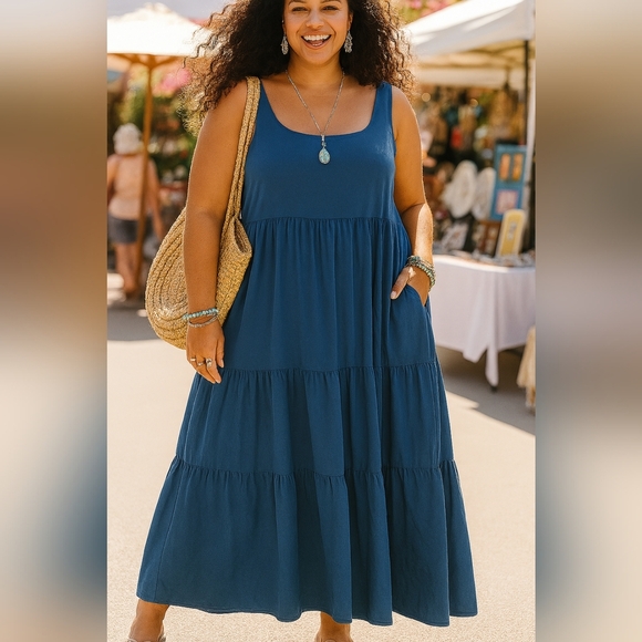 JS 2XL Tiered Cottage Casual Chore Pockets Farmhouse Smocked Midi Maxi Dress - Picture 4 of 11